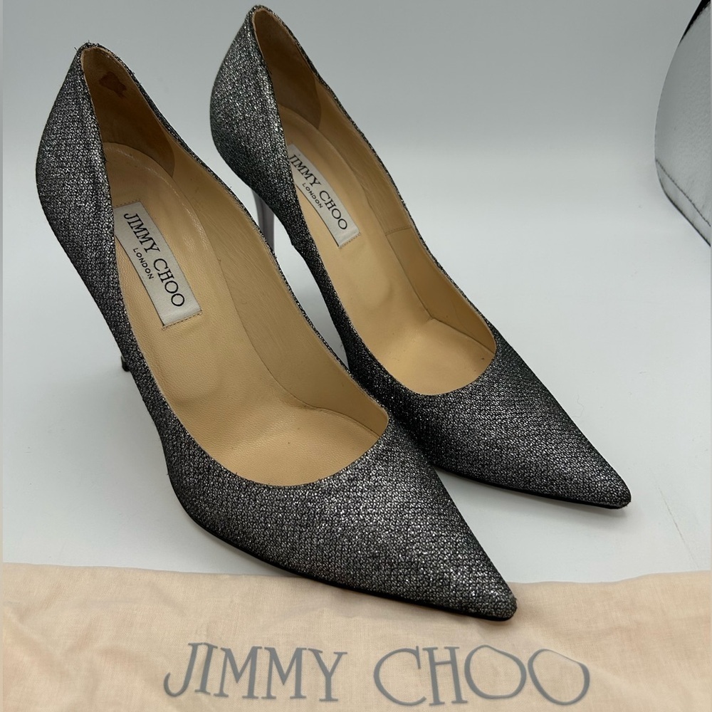 Jimmy Choo Sz 38.5 Shoes Silver Grey Glitter Women's Heels Classic Formal Party